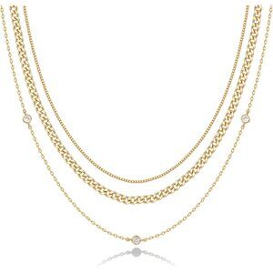 14K Gold Plated Dainty Layering Necklaces for Women | Snake Chain, Curb Link, Pa